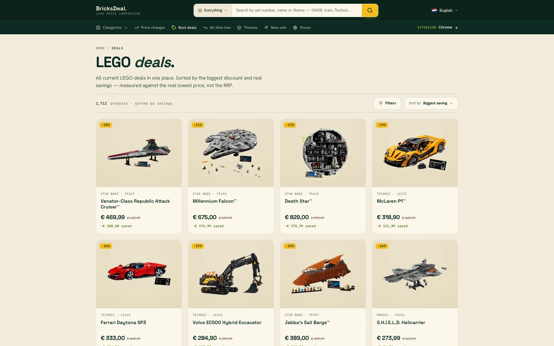BricksDeal deal list sorted by savings with filtering controls.