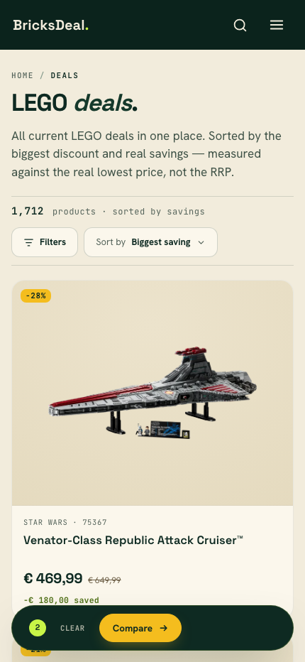 BricksDeal deal list at a 430 pixel mobile viewport.