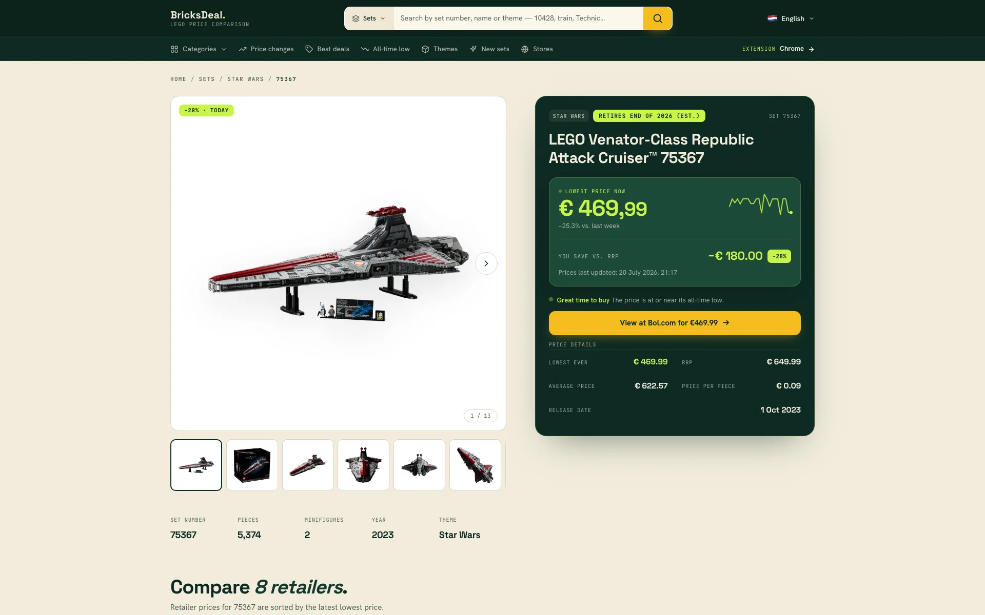 BricksDeal set page comparing retailer offers for LEGO set 75367.