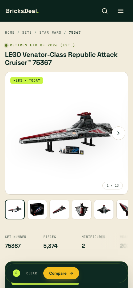 BricksDeal Venator set page at a 430 pixel mobile viewport.