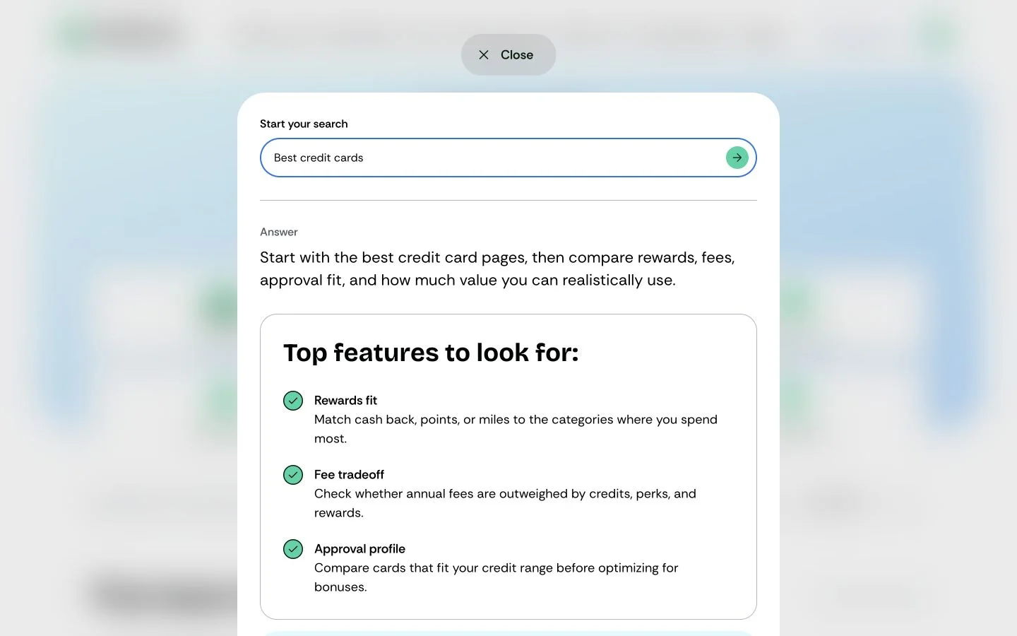 Live WalletJump search modal answering Best credit cards with a feature checklist and linked results