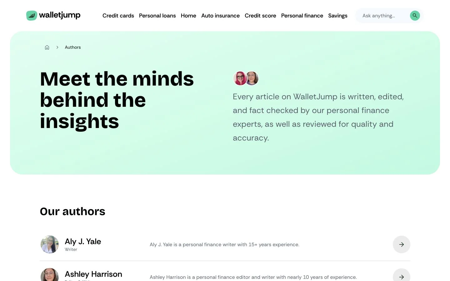 Live WalletJump author directory with personal-finance experts