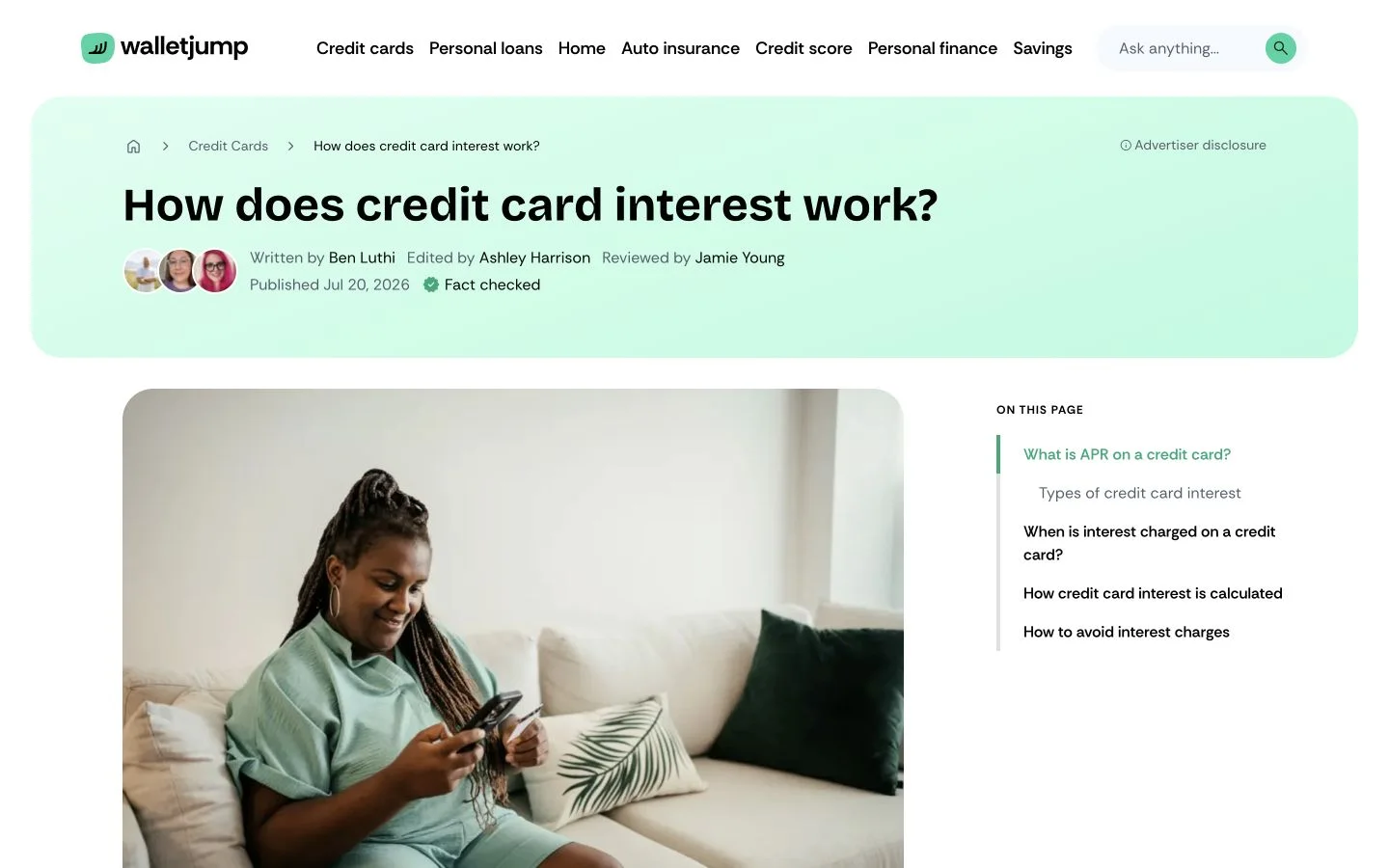 Live WalletJump article about credit-card interest with authorship and anchored navigation