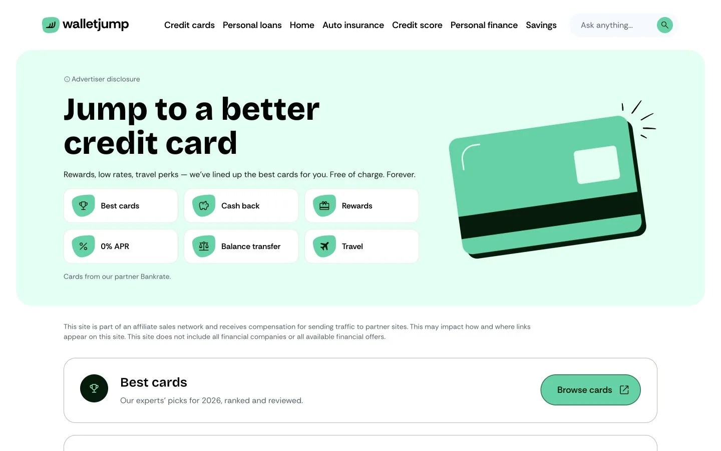 Live WalletJump credit-card hub with six comparison routes