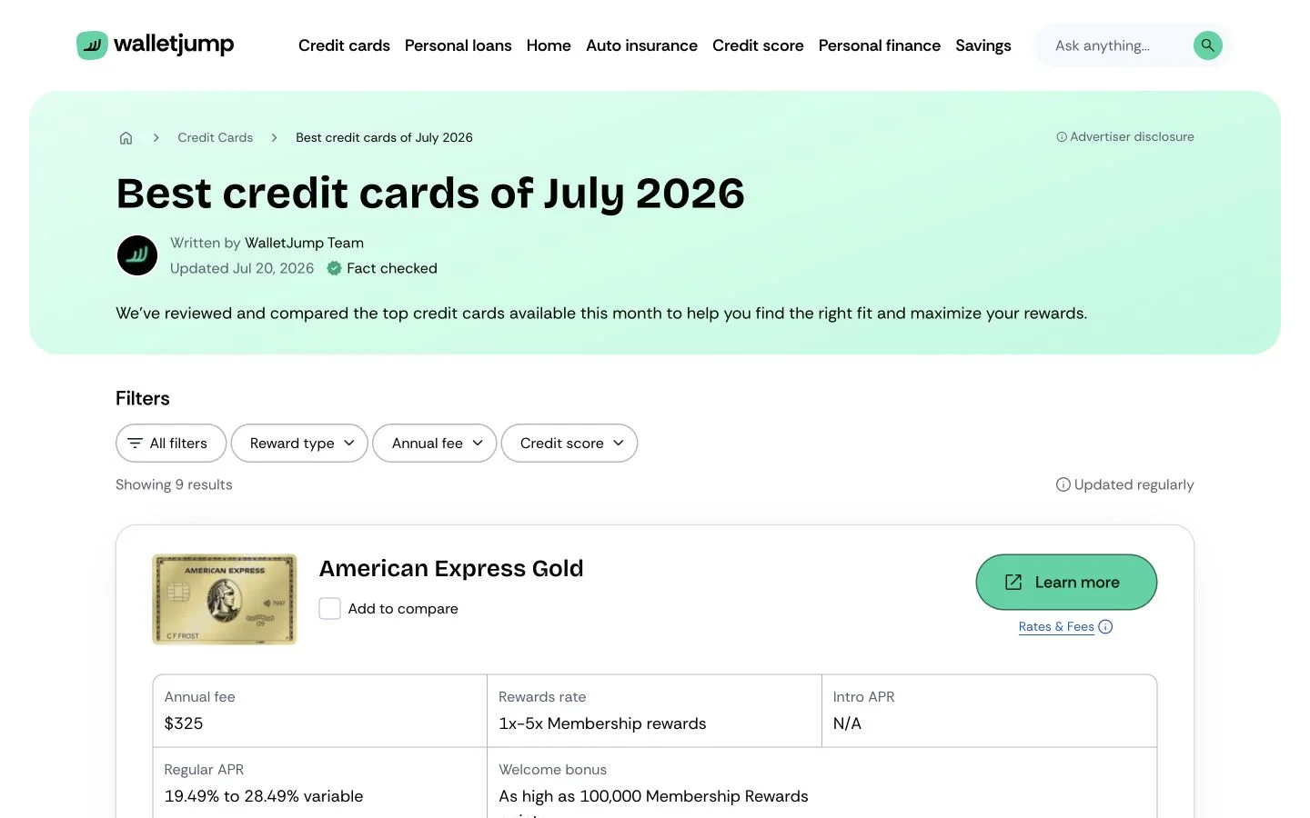 WalletJump credit-card comparison on a laptop
