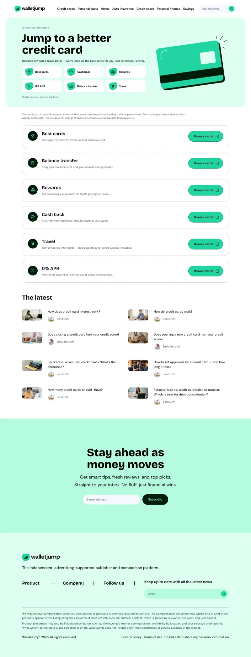 The full WalletJump credit cards hub page, from hero to articles