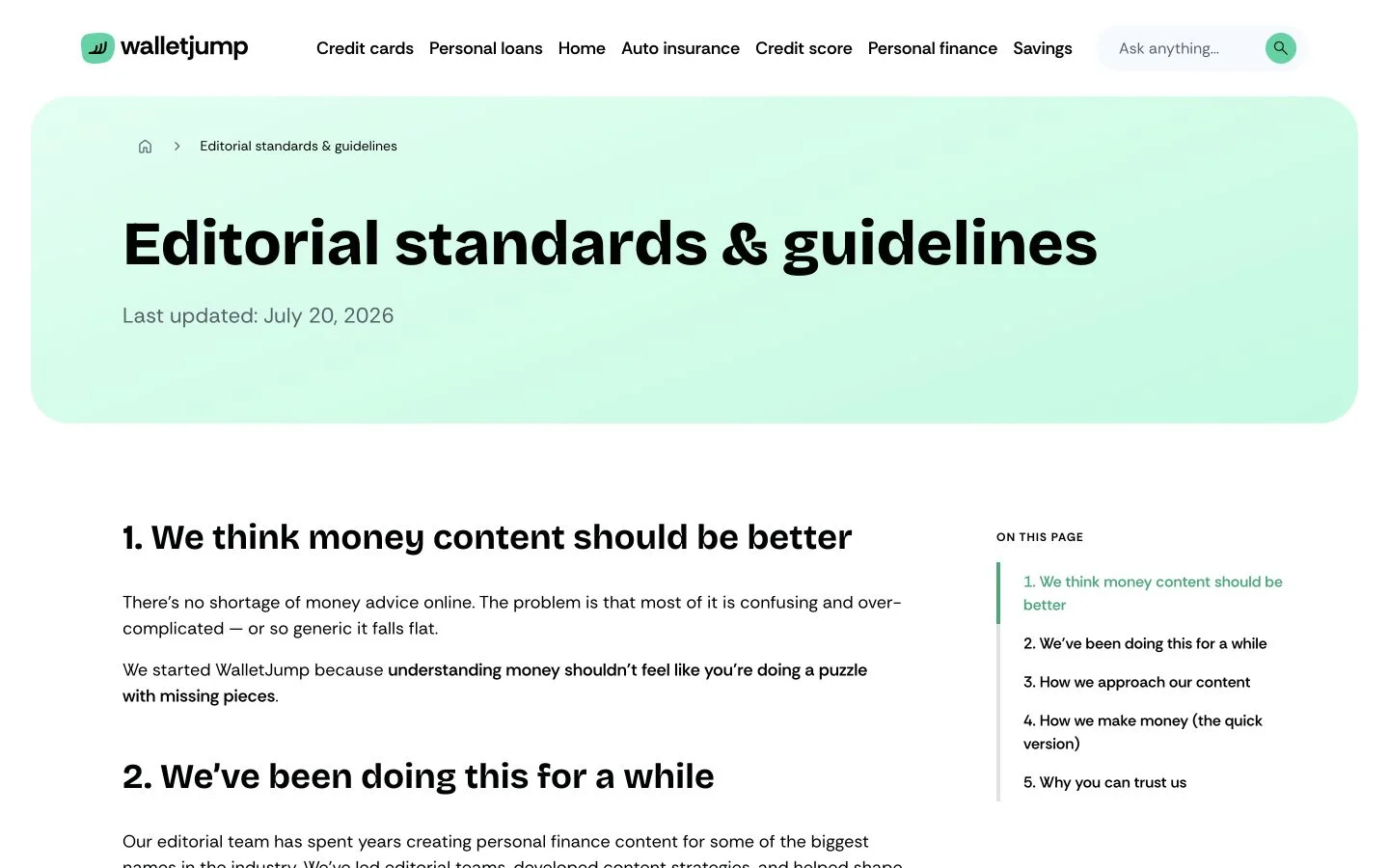 Live WalletJump editorial standards and guidelines page