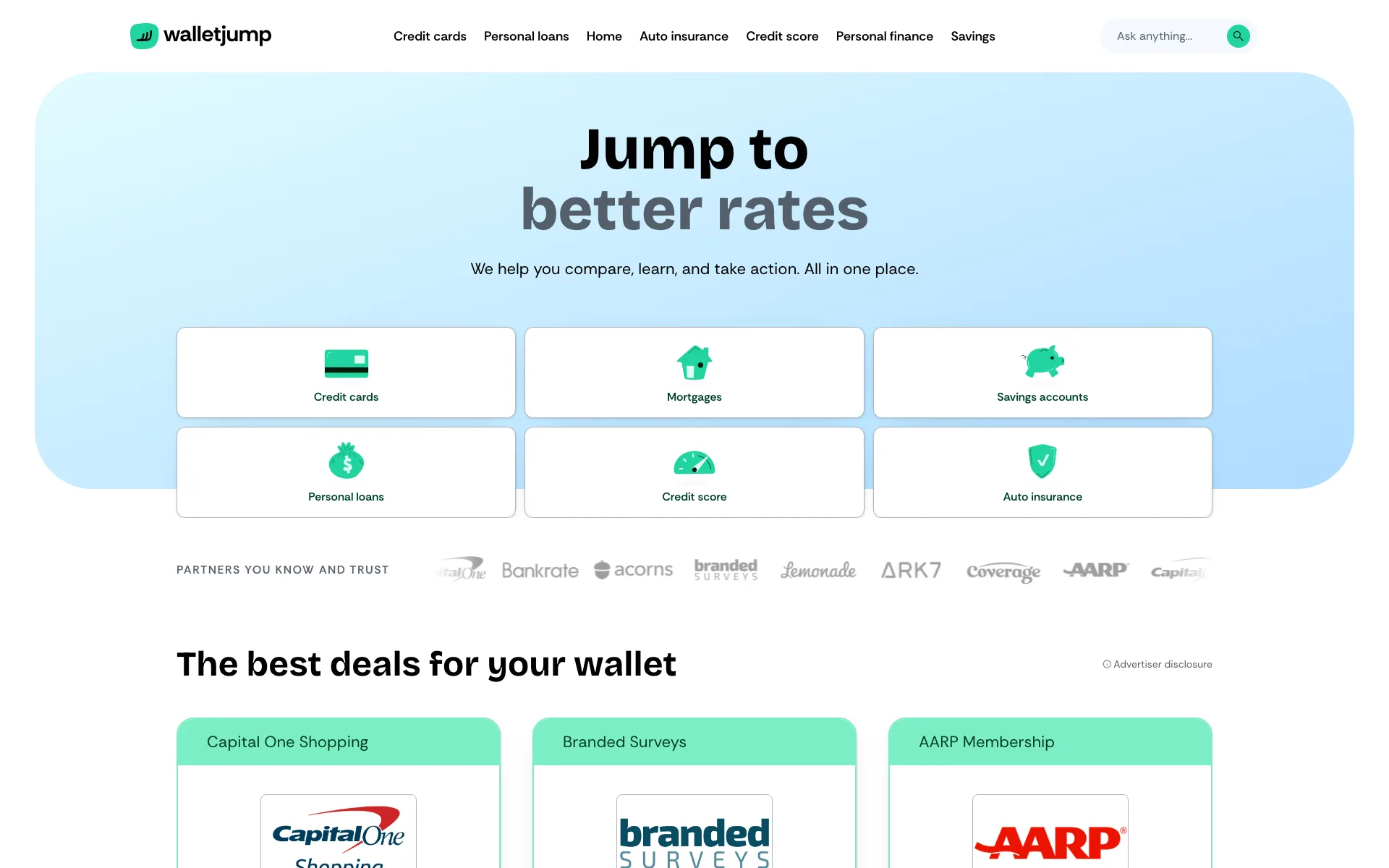 The live WalletJump homepage with the Navigation Hero and six financial categories