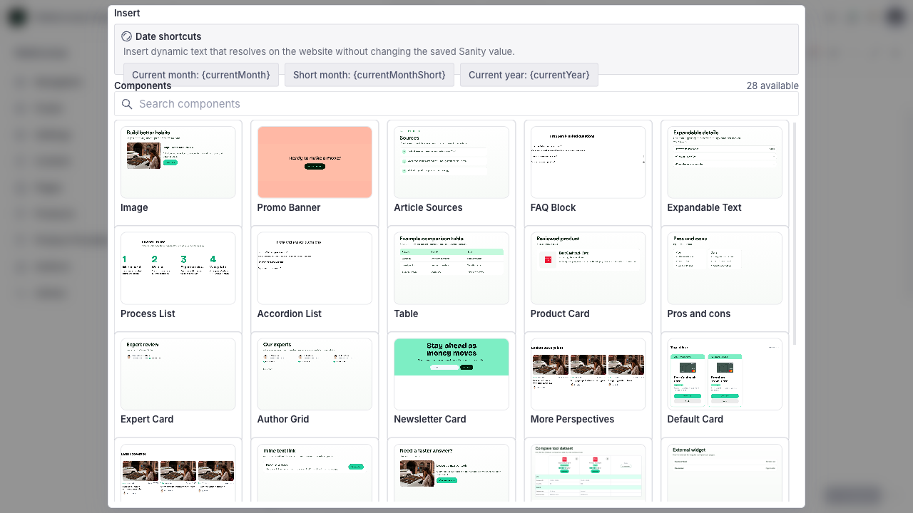Article insert menu in WalletJump Studio with 28 visual component previews