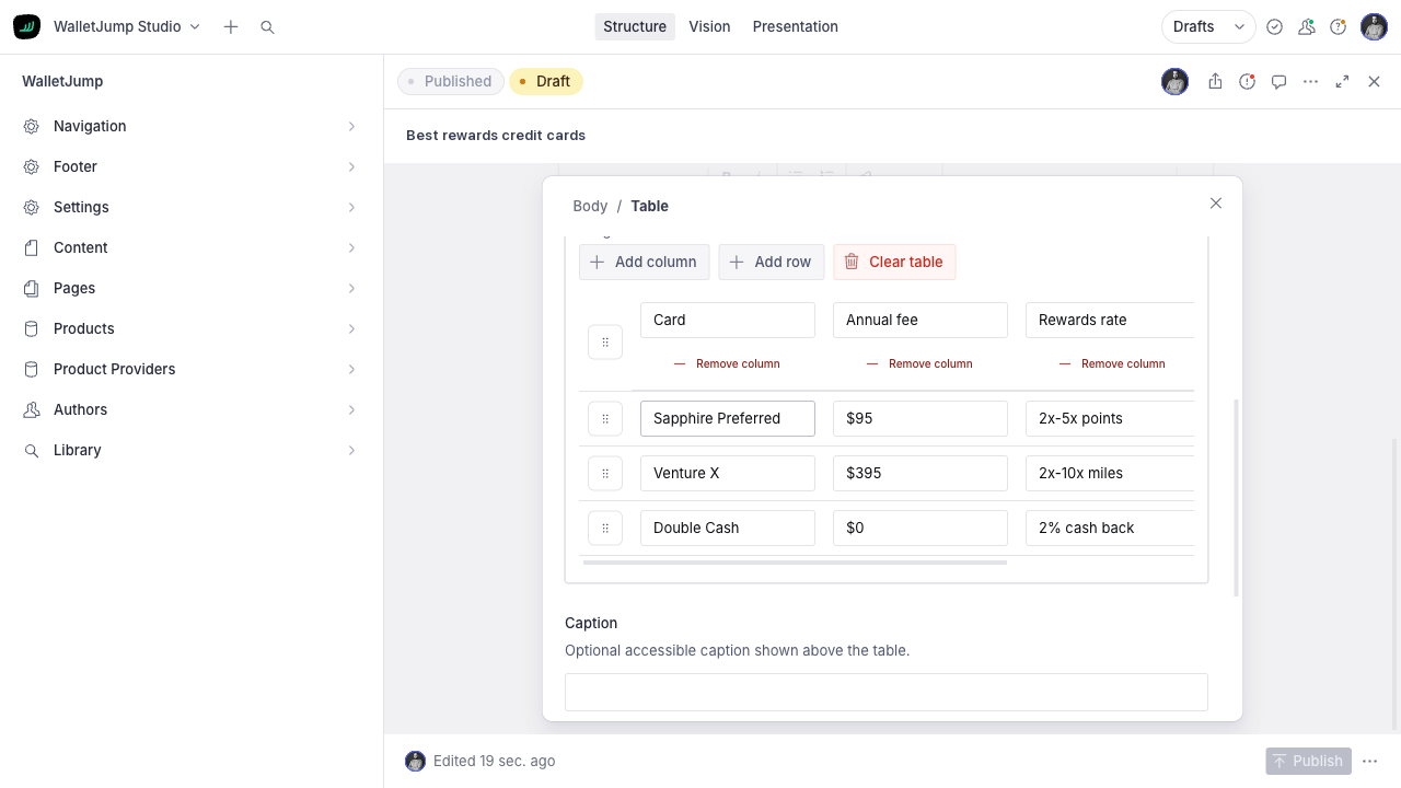 Pasted table as an editable grid with column headers and draggable rows