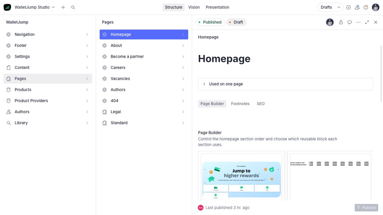Homepage document in WalletJump Studio with the page builder as a list of visual block previews