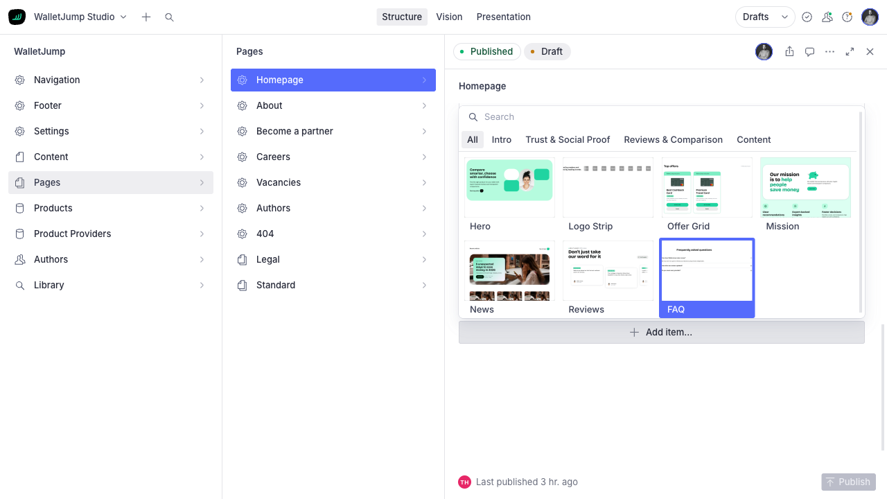 Visual block picker in WalletJump Studio with previews of Hero, Logo Strip, Offer Grid, Mission, News, Reviews, and FAQ