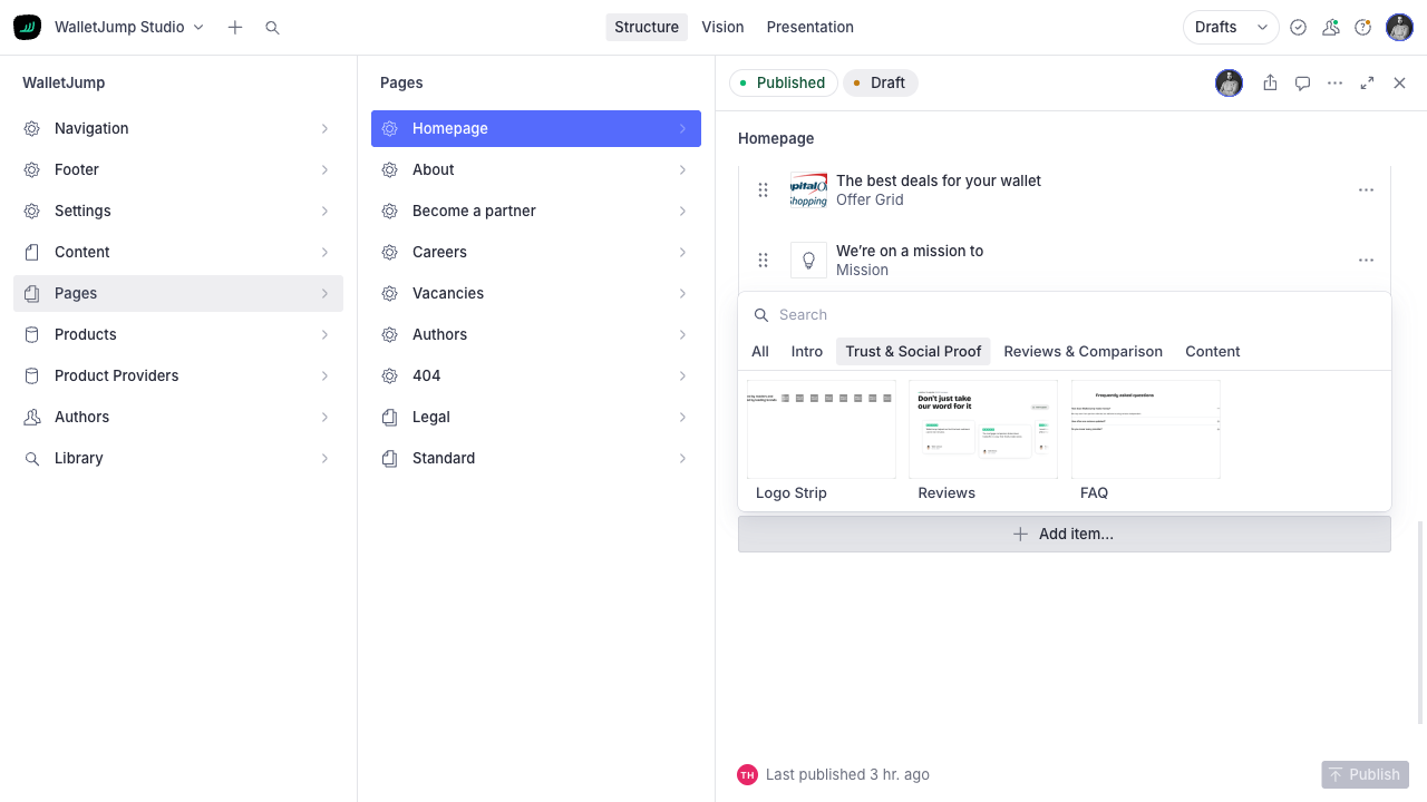 Block picker filtered to the Trust & Social Proof category