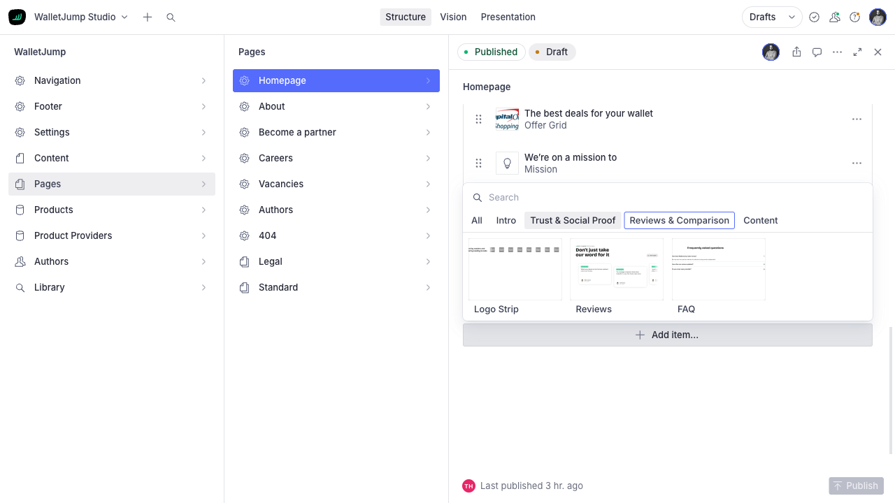 Block picker with a selected block preview ready to place