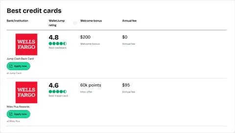 WalletJump Studio preview of Product Table Block · Credit Card