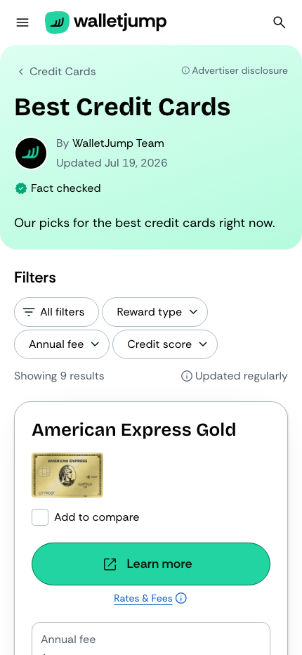 Mobile WalletJump credit-card comparison with filters and product cards