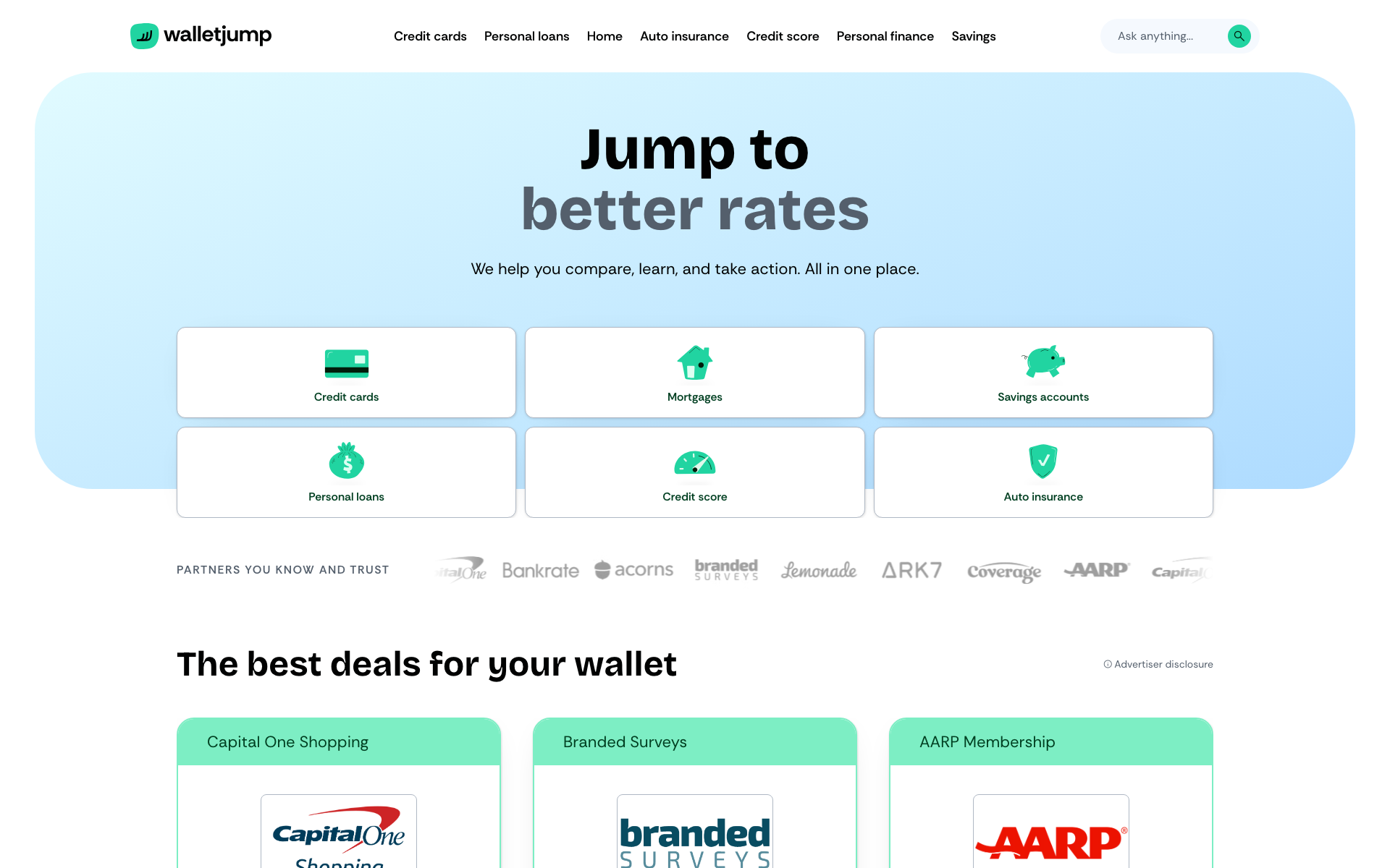 Live WalletJump homepage with the Navigation Hero and six category entry points