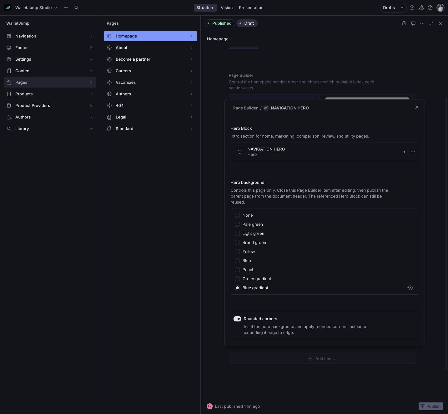 WalletJump Studio showing page-local background and corner controls for a shared hero document
