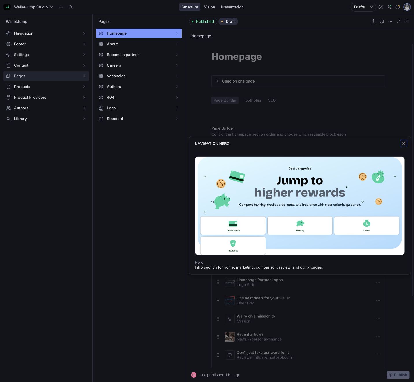 Sanity Studio showing a large visual preview of the Navigation Hero source block
