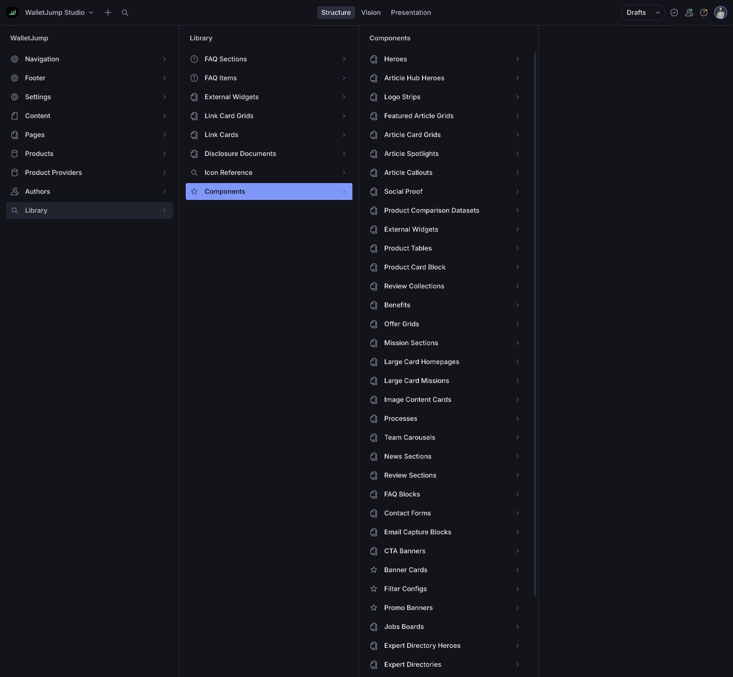 WalletJump Studio showing the library of reusable component documents