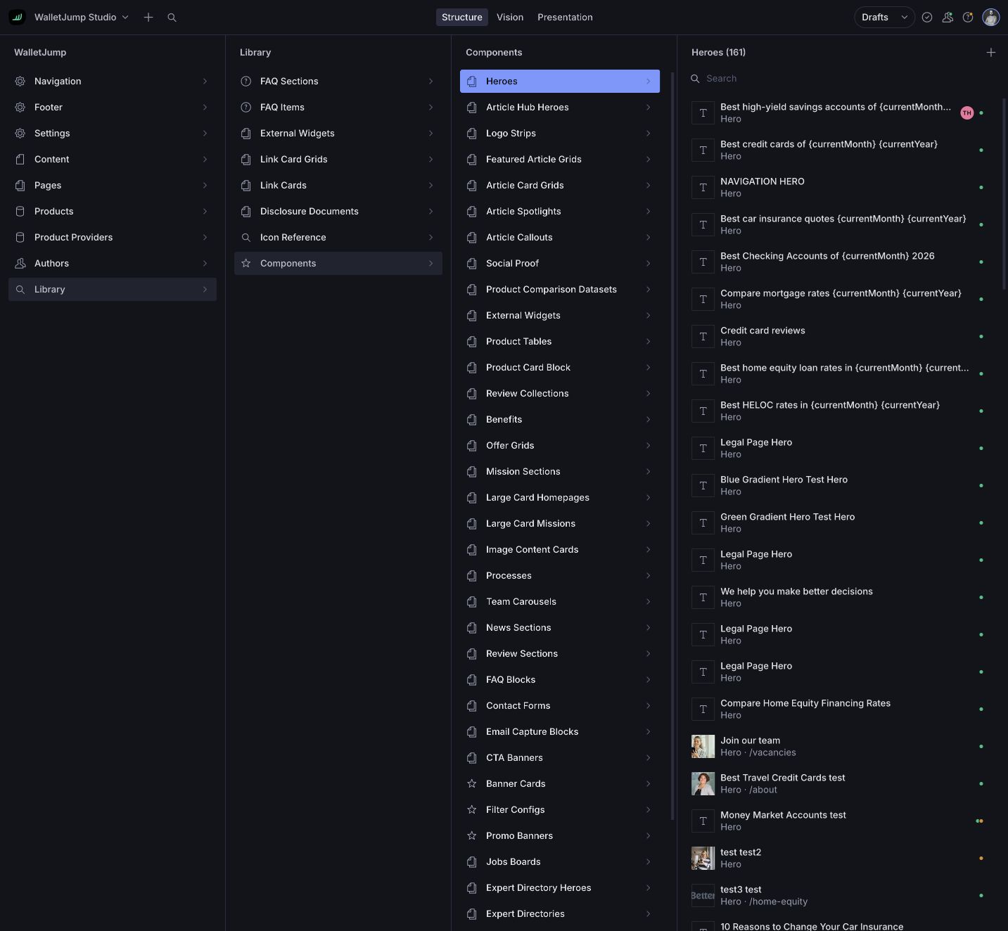 WalletJump Studio showing a list of shared hero documents