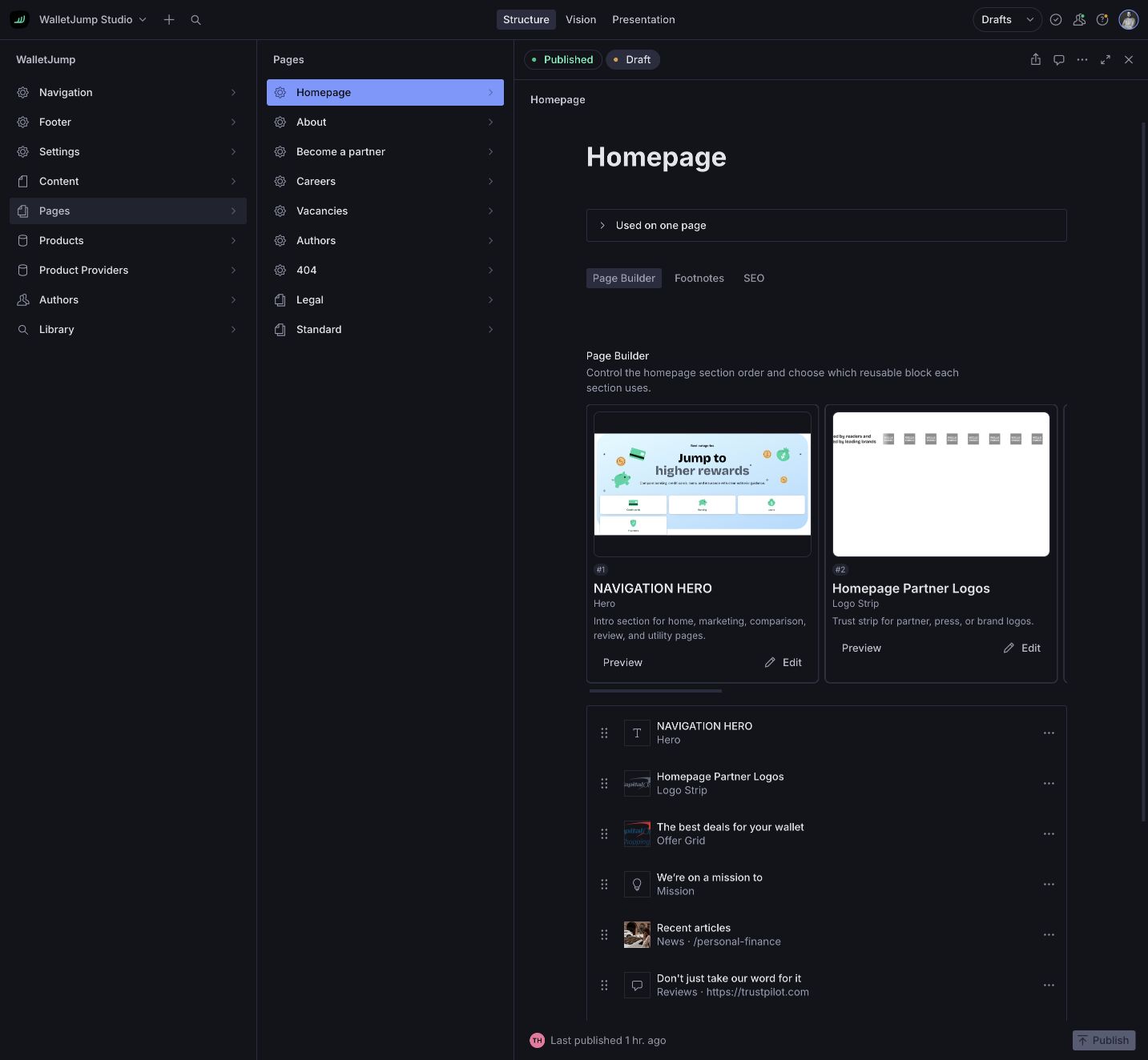 The WalletJump homepage in Sanity Studio as a sequence of visual, reusable blocks