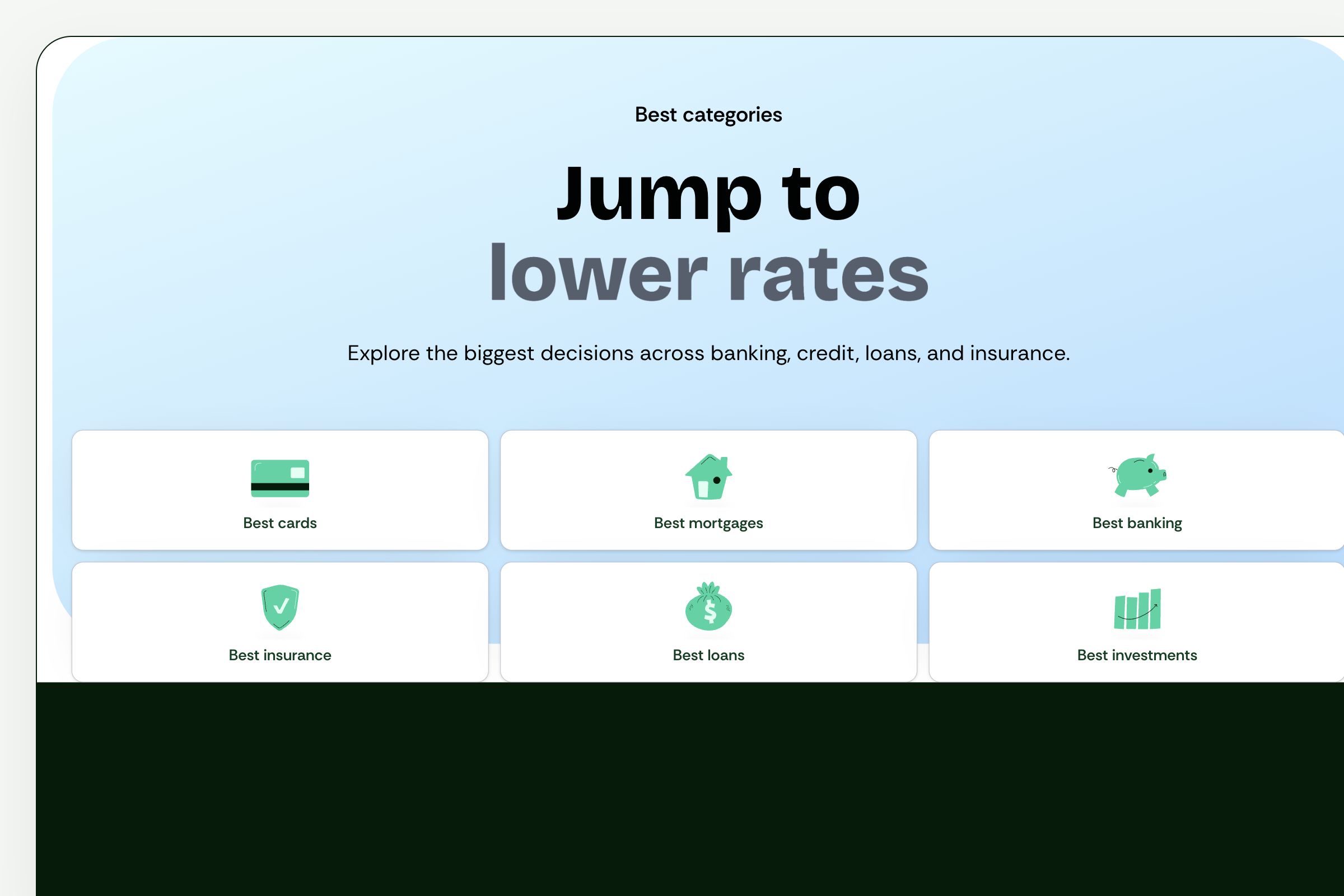 Storybook preview of the WalletJump Navigation Hero showing the lower-rates headline and six category cards
